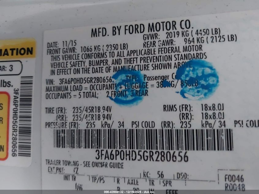 2016 Ford Fusion Se VIN: 3FA6P0HD5GR280656 Lot: 43988132