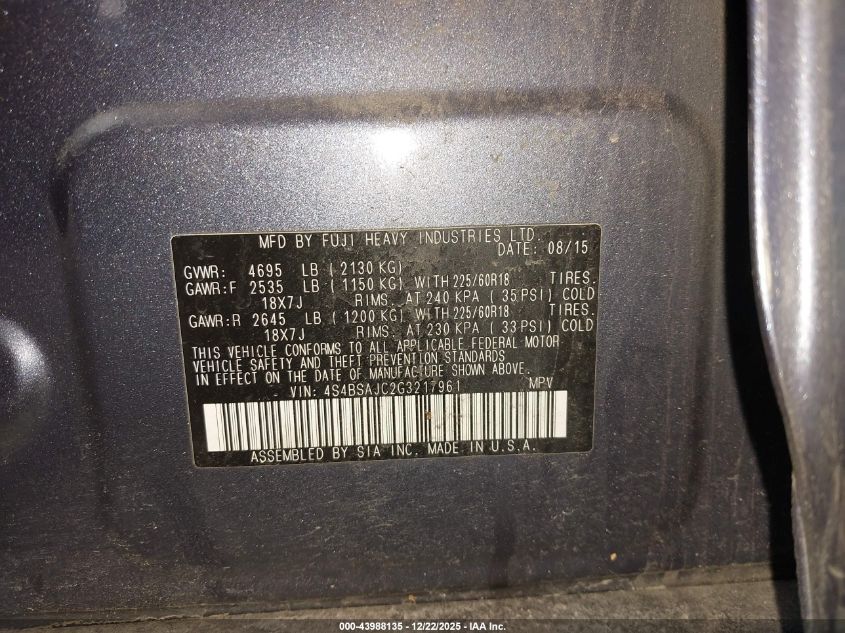 2016 Subaru Outback 2.5I Limited VIN: 4S4BSAJC2G3217961 Lot: 43988135