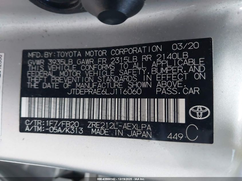 2020 Toyota Corolla Le VIN: JTDEPRAE6LJ116060 Lot: 43988142