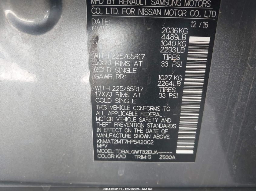 2017 Nissan Rogue Sv VIN: KNMAT2MT7HP542002 Lot: 43988151