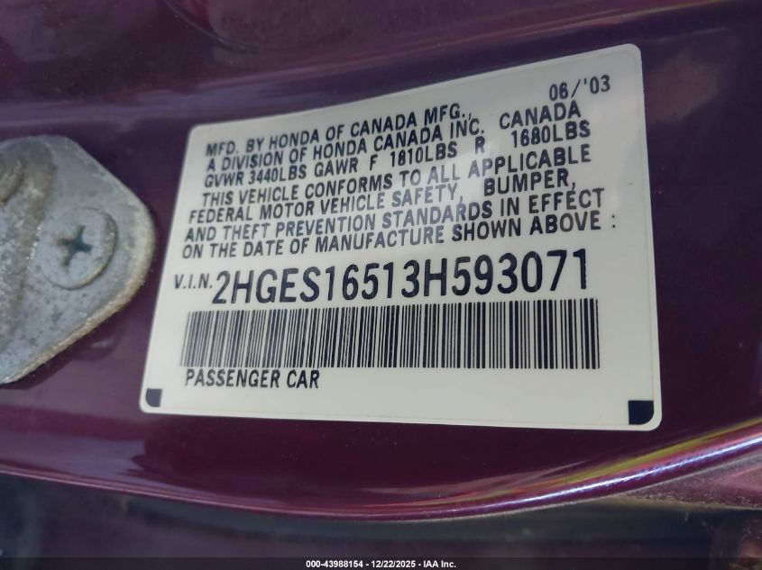 2003 Honda Civic Lx VIN: 2HGES16513H593071 Lot: 43988154
