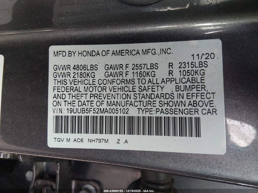 2021 Acura Tlx A-Spec Package VIN: 19UUB5F52MA005102 Lot: 43988155