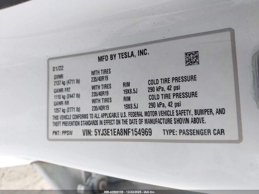 2022 Tesla Model 3 Rear-Wheel Drive VIN: 5YJ3E1EA8NF154969 Lot: 43988158