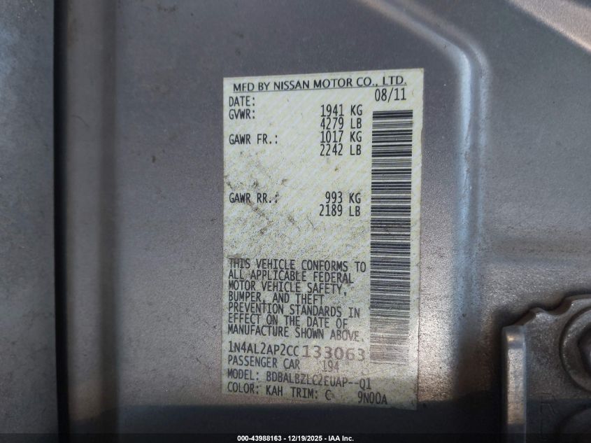 2012 Nissan Altima 2.5 S VIN: 1N4AL2AP2CC133063 Lot: 43988163