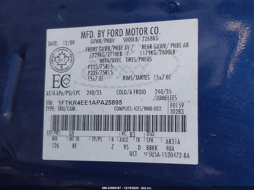 2010 Ford Ranger Sport/Xlt VIN: 1FTKR4EE1APA25895 Lot: 43988167