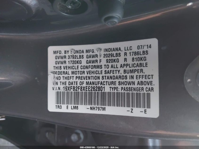 2014 Honda Civic Ex VIN: 19XFB2F8XEE262801 Lot: 43988166