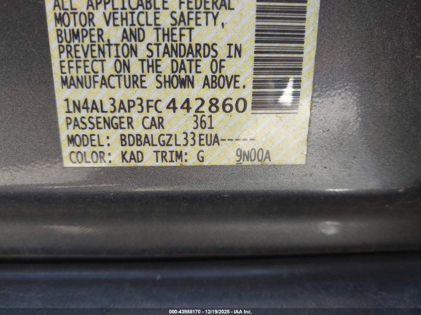 2015 Nissan Altima 2.5/2.5 S/2.5 Sl/2.5 Sv VIN: 1N4AL3AP3FC442860 Lot: 43988170