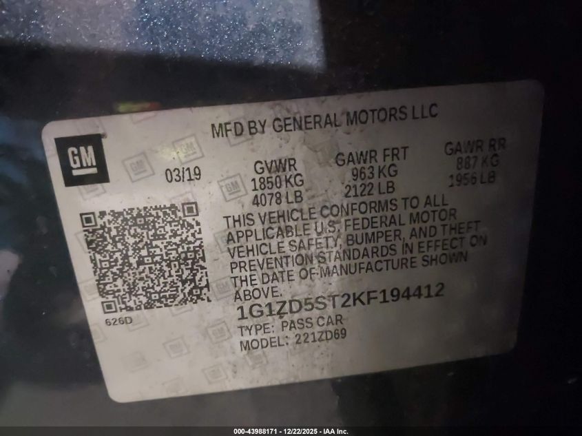 2019 Chevrolet Malibu Lt VIN: 1G1ZD5ST2KF194412 Lot: 43988171
