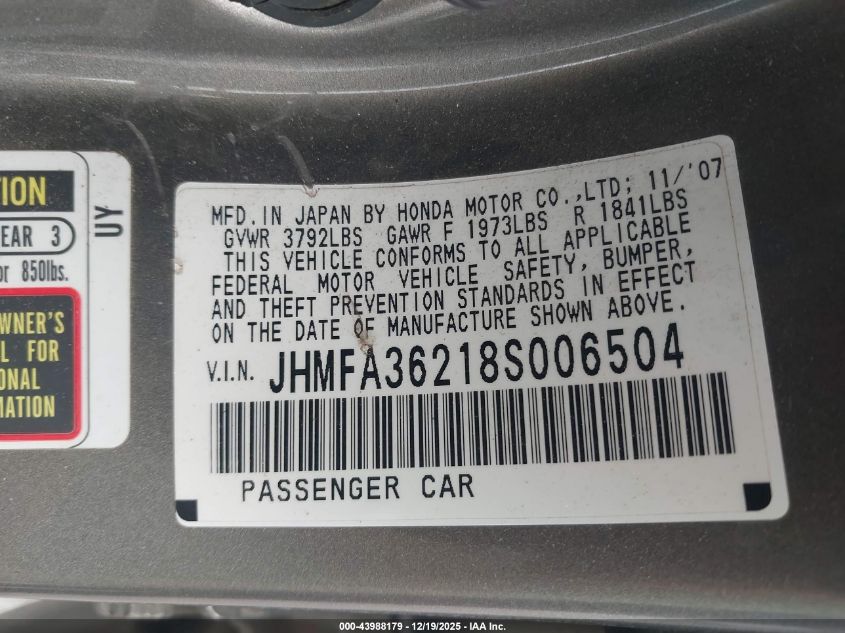 2008 Honda Civic Hybrid VIN: JHMFA36218S006504 Lot: 43988179