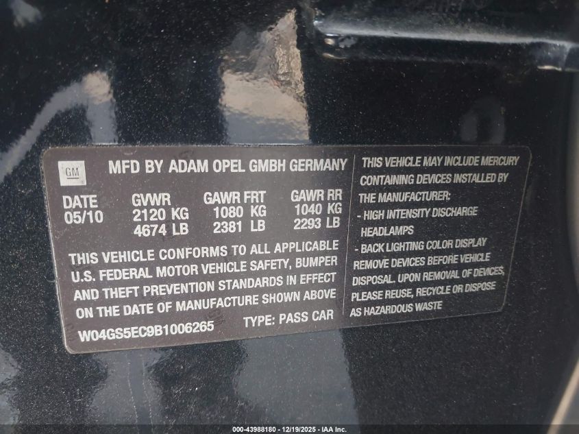 2011 Buick Regal Cxl Russelsheim VIN: W04GS5EC9B1006265 Lot: 43988180