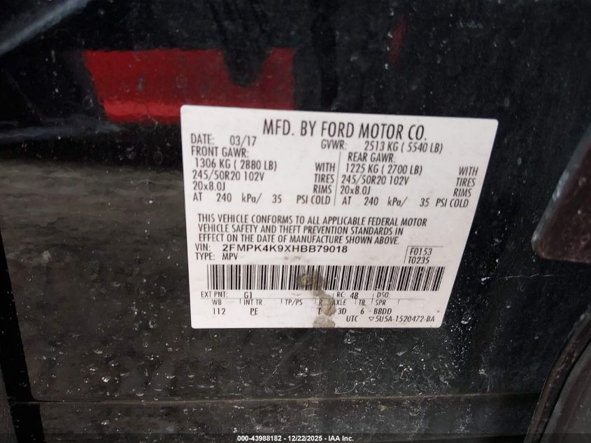 2017 Ford Edge Titanium VIN: 2FMPK4K9XHBB79018 Lot: 43988182