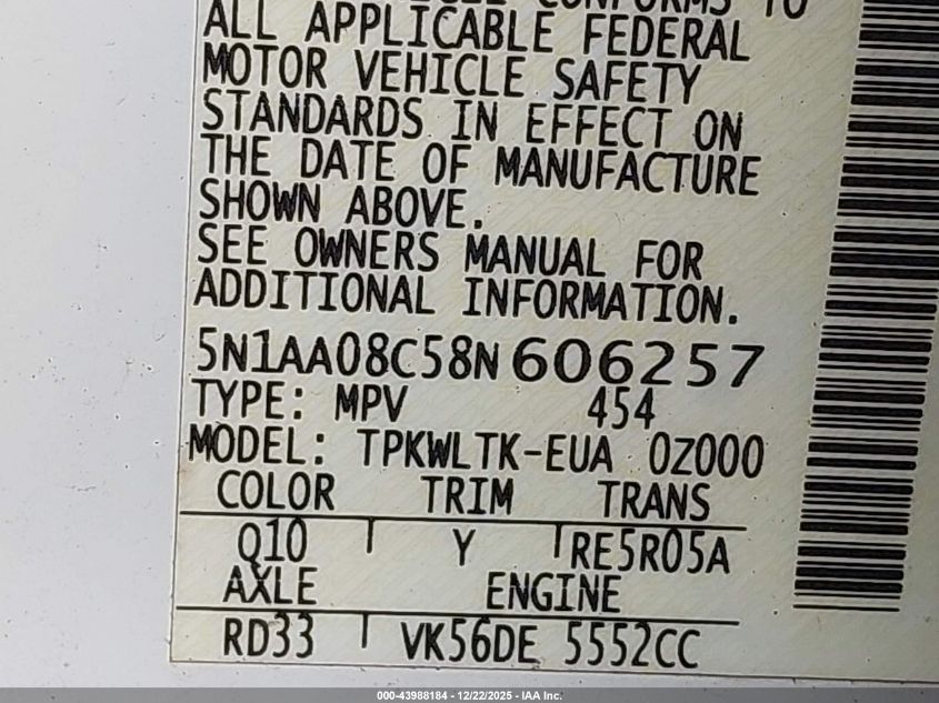 2008 Nissan Armada Se VIN: 5N1AA08C58N606257 Lot: 43988184