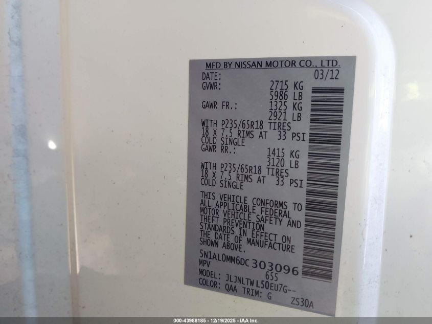 2013 Infiniti Jx35 VIN: 5N1AL0MM6DC303096 Lot: 43988185