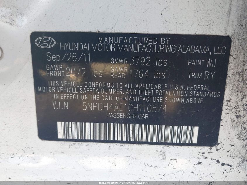 2012 Hyundai Elantra Limited VIN: 5NPDH4AE1CH110574 Lot: 43988189