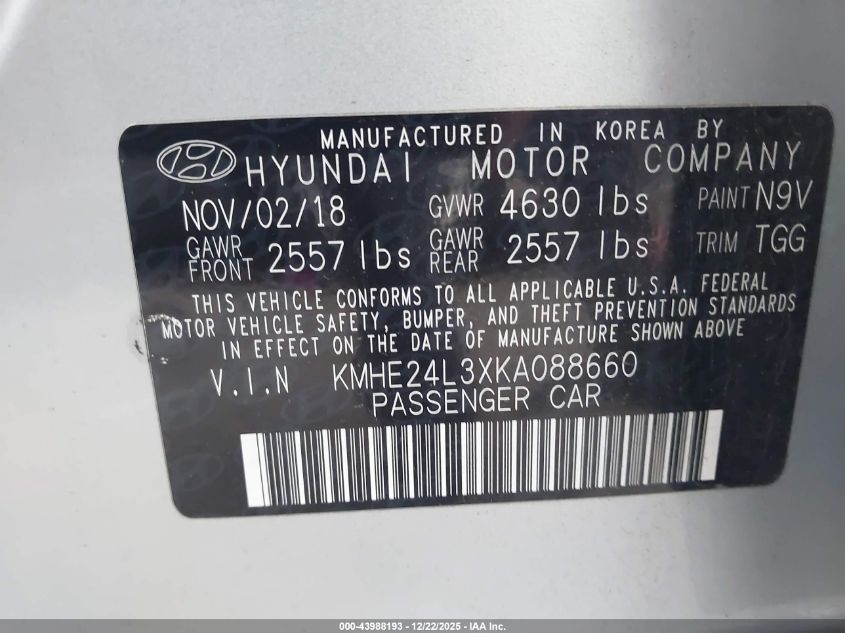 2019 Hyundai Sonata Hybrid Se VIN: KMHE24L3XKA088660 Lot: 43988193