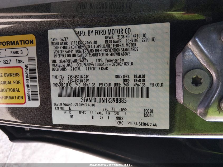 2017 Ford Fusion Hybrid Se VIN: 3FA6P0LU6HR398885 Lot: 43988194