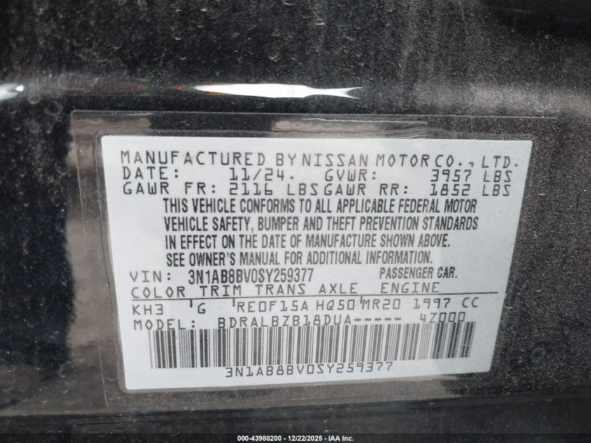 2025 Nissan Sentra S VIN: 3N1AB8BV0SY259377 Lot: 43988200