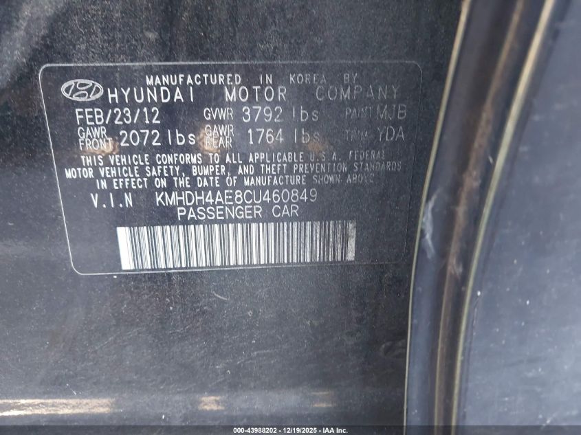 2012 Hyundai Elantra Gls (Ulsan Plant) VIN: KMHDH4AE8CU460849 Lot: 43988202