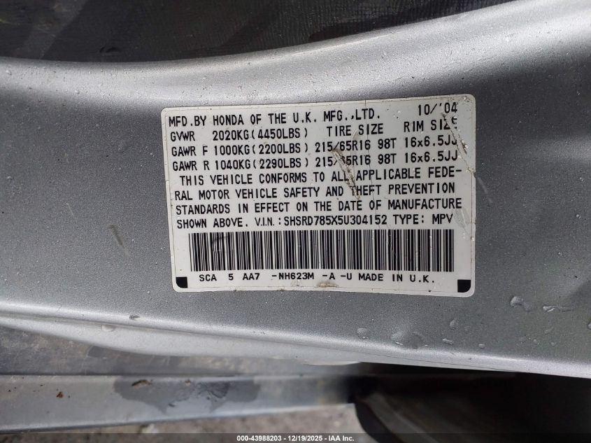 2005 Honda Cr-V Lx VIN: SHSRD785X5U304152 Lot: 43988203