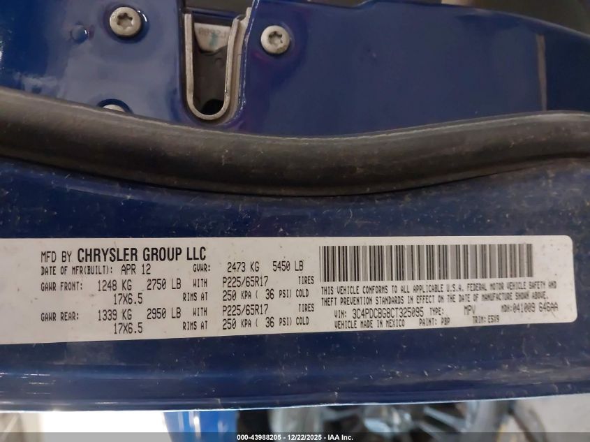 2012 Dodge Journey Sxt VIN: 3C4PDCBG8CC325095 Lot: 43988205