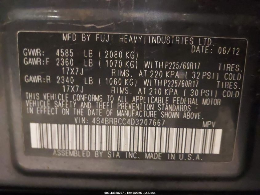 2013 Subaru Outback 2.5I Premium VIN: 4S4BRBCC4D3207667 Lot: 43988207