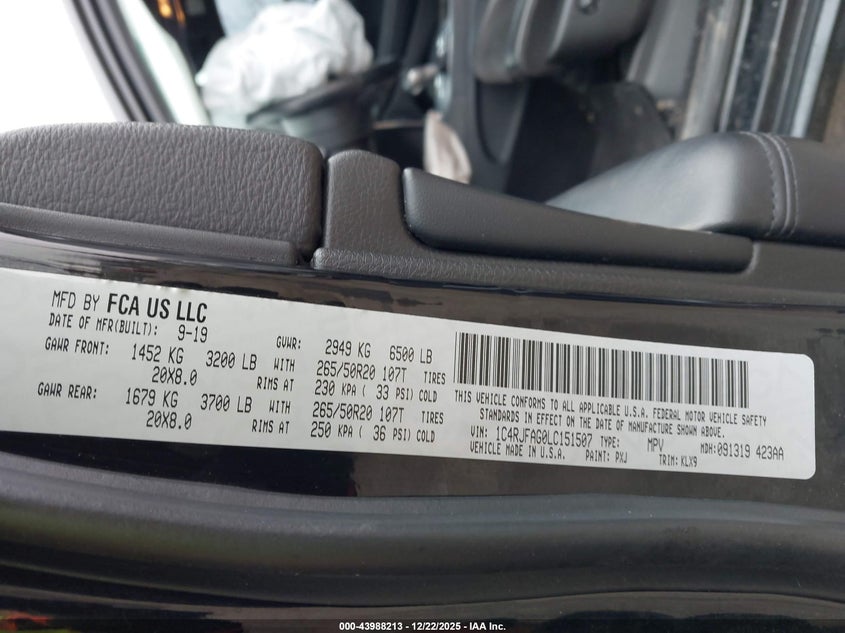 2020 Jeep Grand Cherokee Altitude 4X4 VIN: 1C4RJFAG0LC151507 Lot: 43988213