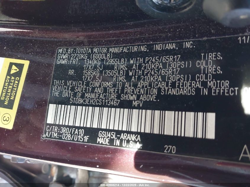 2012 Toyota Highlander Base V6 VIN: 5TDBK3EH2CS113467 Lot: 43988214