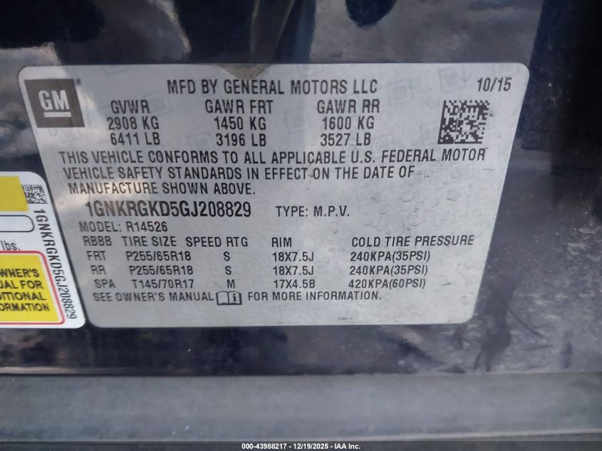 2016 Chevrolet Traverse 1Lt VIN: 1GNKRGKD5GJ208829 Lot: 43988217