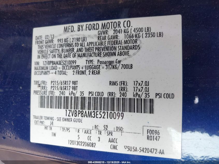 2014 Ford Mustang V6 VIN: 1ZVBP8AM3E5210099 Lot: 43988219