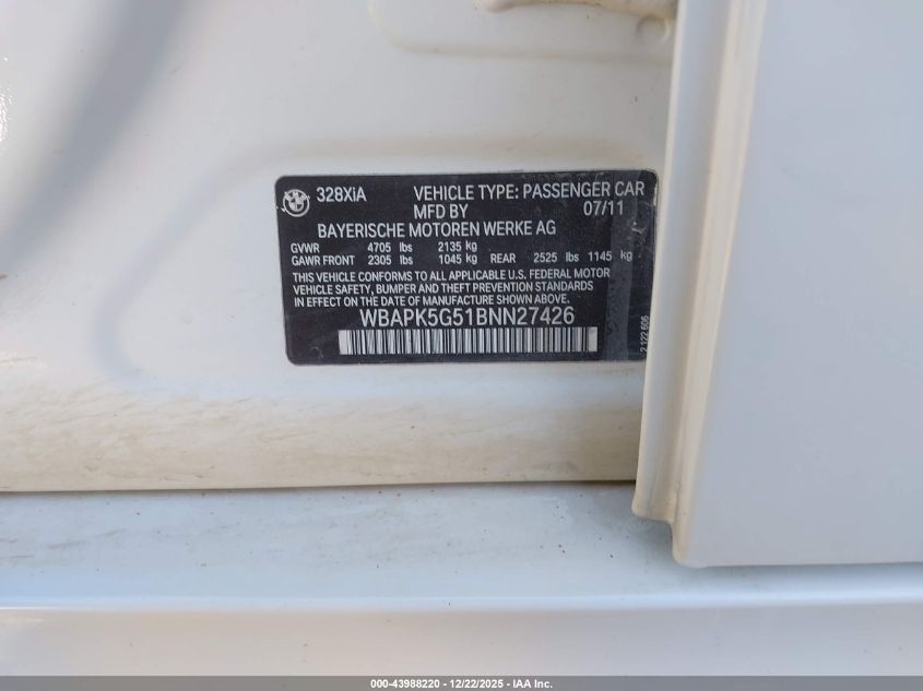 2011 BMW 328I xDrive VIN: WBAPK5G51BNN27426 Lot: 43988220