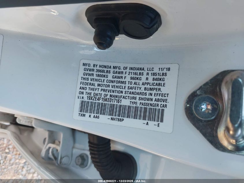 2019 Honda Insight Lx VIN: 19XZE4F15KE017161 Lot: 43988221