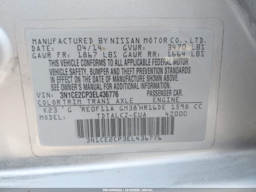 2014 Nissan Versa Note S Plus VIN: 3N1CE2CP3EL436776 Lot: 43988222