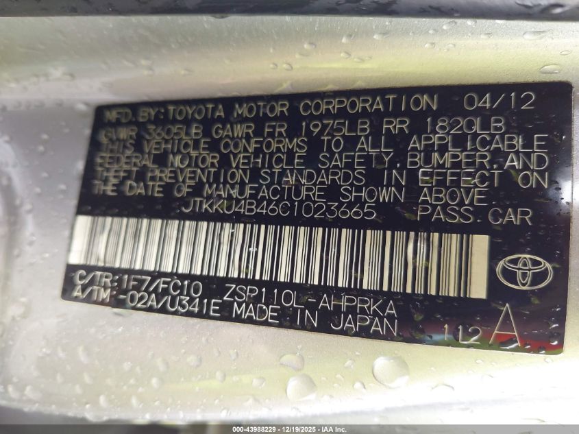 2012 Scion Xd Release Series 4.0 VIN: JTKKU4B46C1023665 Lot: 43988229