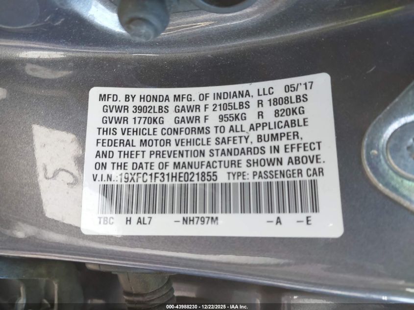 2017 Honda Civic Ex-T VIN: 19XFC1F31HE021855 Lot: 43988230