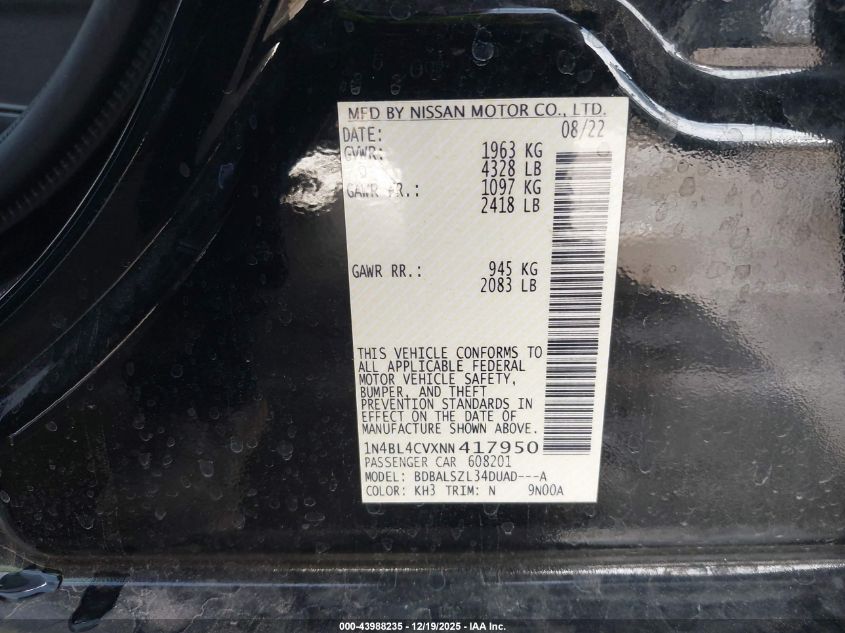 2022 Nissan Altima Sr Fwd VIN: 1N4BL4CVXNN417950 Lot: 43988235