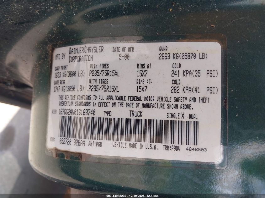 2001 Dodge Dakota Slt/Sport VIN: 1B7GG2AN01S163740 Lot: 43988239