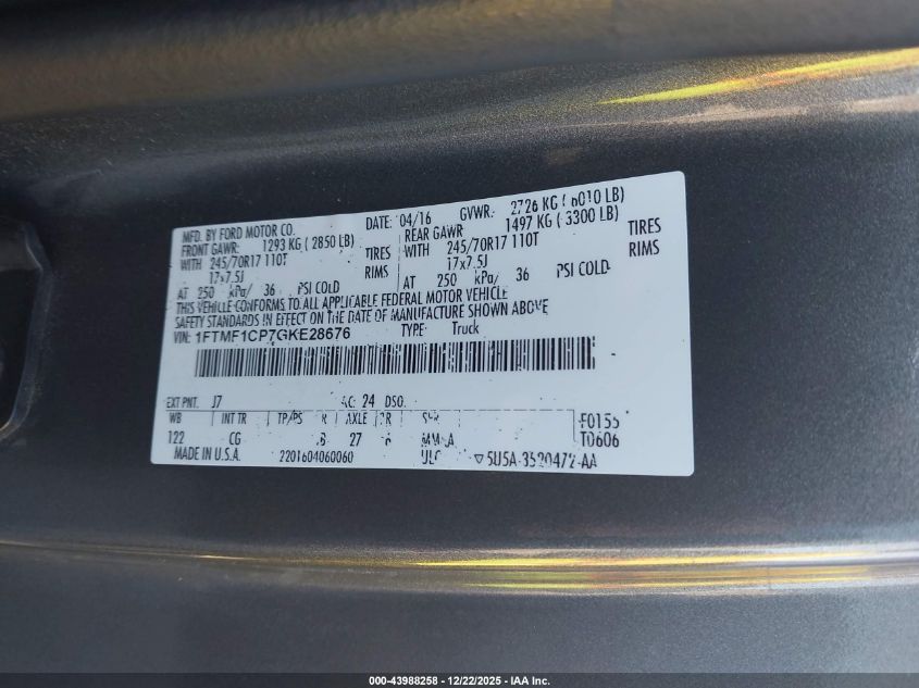 2016 Ford F-150 Xl VIN: 1FTMF1CP7GKE28676 Lot: 43988258