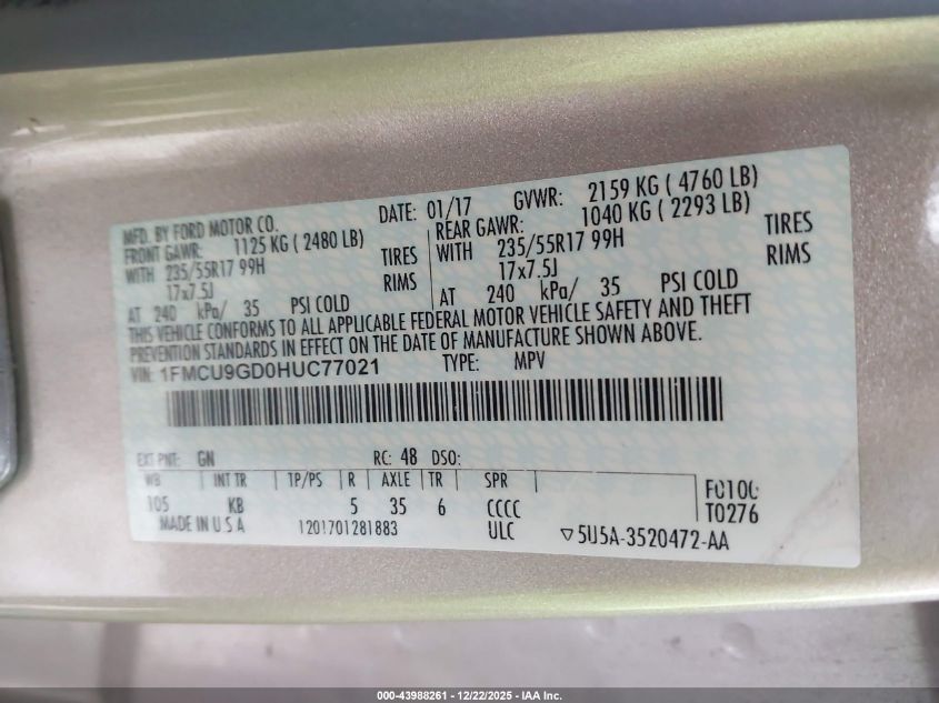 2017 Ford Escape Se VIN: 1FMCU9GD0HUC77021 Lot: 43988261