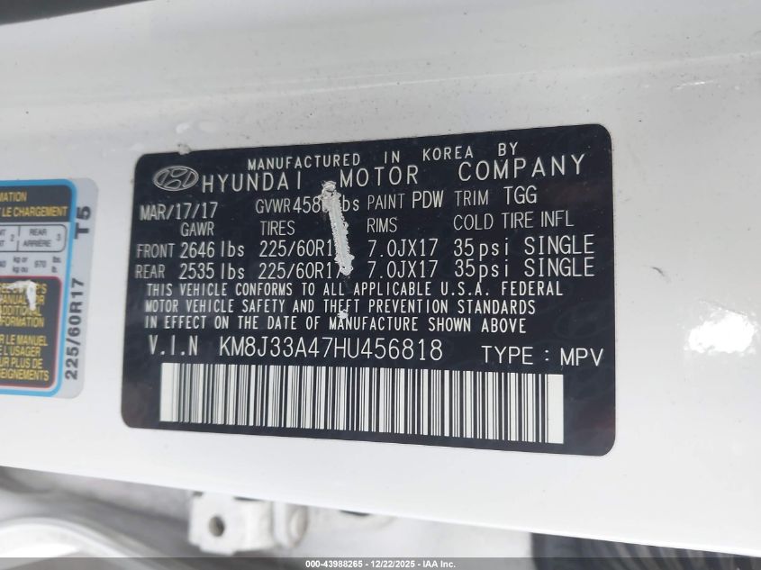 2017 Hyundai Tucson Se VIN: KM8J33A47HU456818 Lot: 43988265