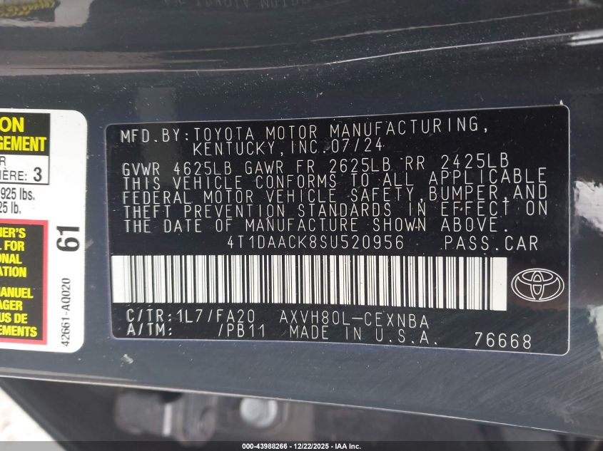 2025 Toyota Camry Le VIN: 4T1DAACK8SU520956 Lot: 43988266