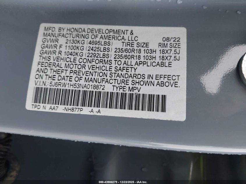 2022 Honda Cr-V 2Wd Ex VIN: 5J6RW1H53NA018872 Lot: 43988279