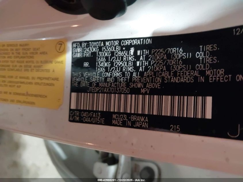 2007 Toyota Highlander V6 VIN: JTEDP21AX70137050 Lot: 43988281