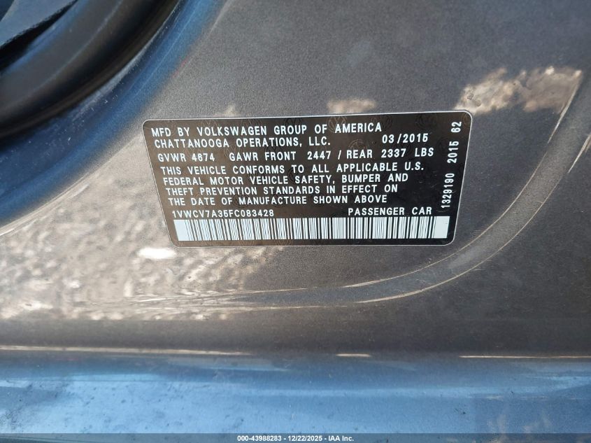 2015 Volkswagen Passat 2.0L Tdi Sel Premium VIN: 1VWCV7A35FC083428 Lot: 43988283