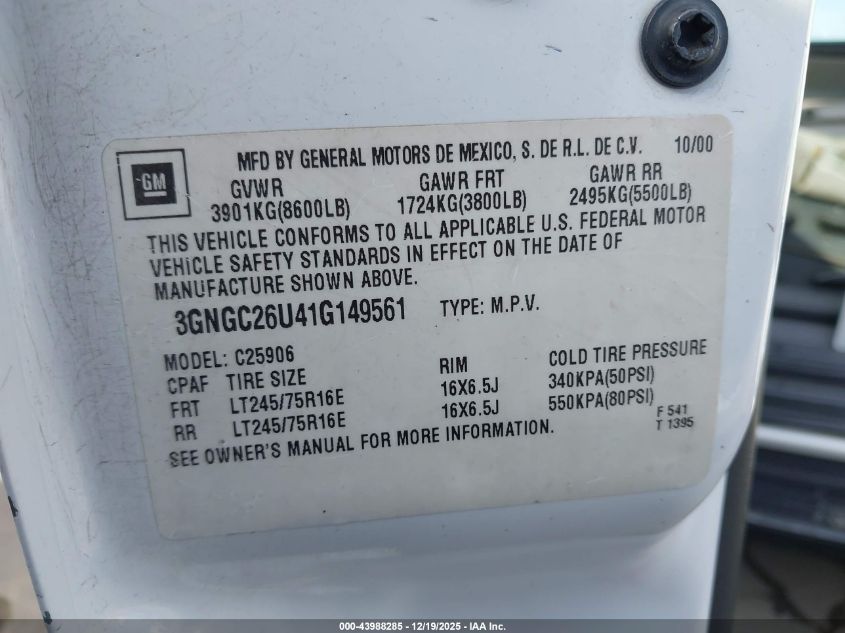 2001 Chevrolet Suburban 2500 Ls VIN: 3GNGC26U41G149561 Lot: 43988285