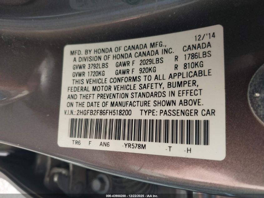 2015 Honda Civic Ex VIN: 2HGFB2F86FH518200 Lot: 43988288