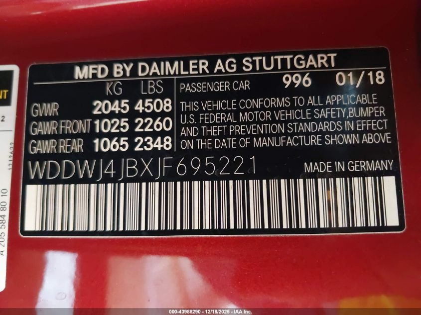 2018 Mercedes-Benz C 300 VIN: WDDWJ4JBXJF695221 Lot: 43988290