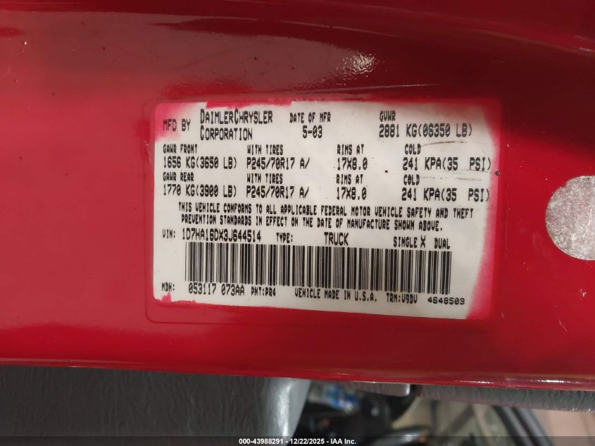 2003 Dodge Ram 1500 Slt/Laramie/St VIN: 1D7HA16DX3J644514 Lot: 43988291