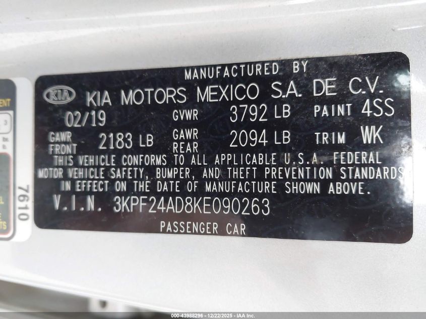 2019 Kia Forte Lxs VIN: 3KPF24AD8KE090263 Lot: 43988296
