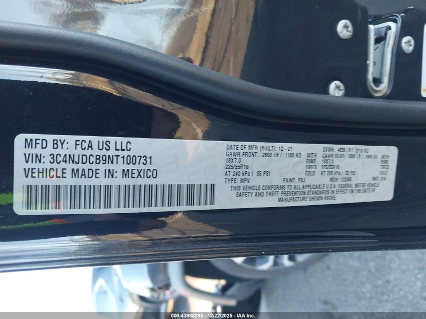 2022 Jeep Compass Limited 4X4 VIN: 3C4NJDCB9NT100731 Lot: 43988295