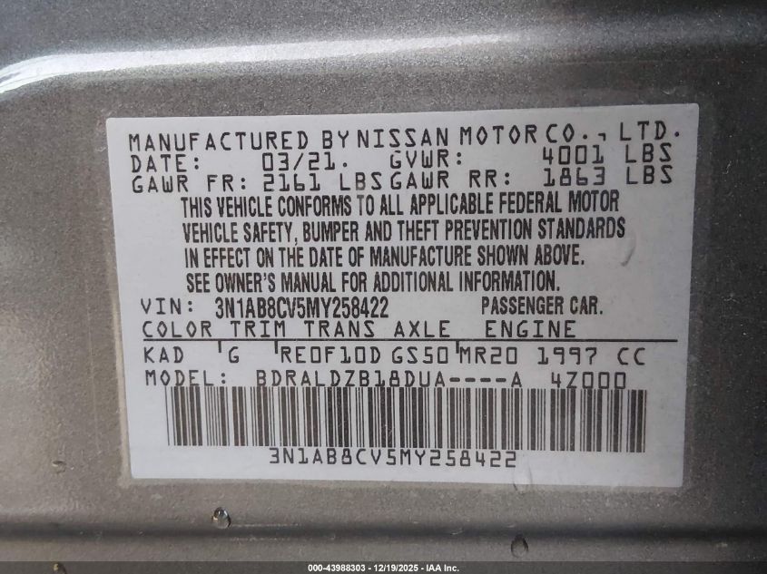 2021 Nissan Sentra Sv Xtronic Cvt VIN: 3N1AB8CV5MY258422 Lot: 43988303